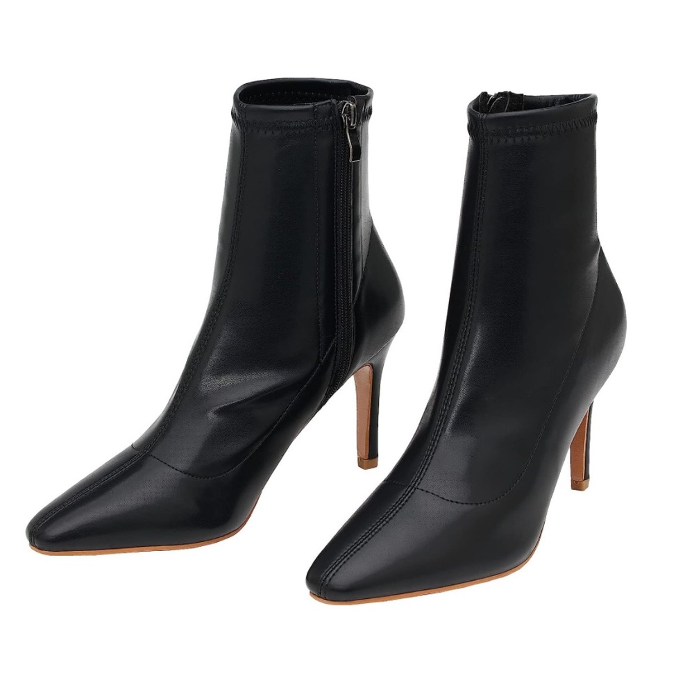 Black Leather Pointed-Toe Ankle Booties - Women's Fashion Booties - Picture 2 of 9